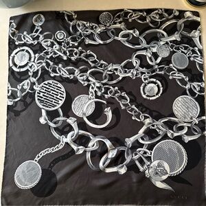 Gucci Black Silk Scarf with Silver Chain and Medallion Motif